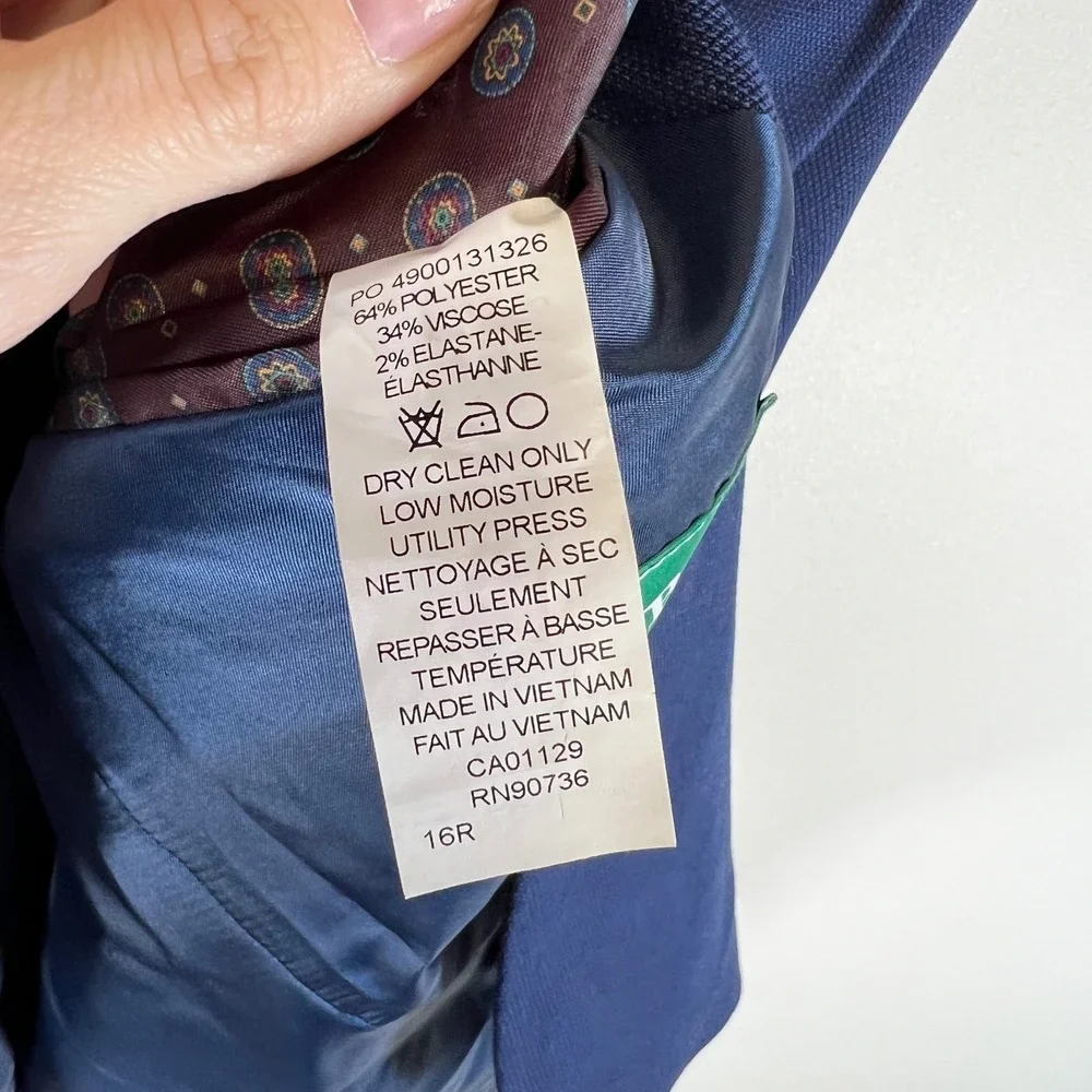 B by Brooks Brothers Boys Navy Blue Textured Two Button Blazer Jacket Size 16R